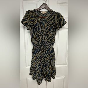 MICHAEL Michael Kors Chain Print Smocked Ruffle Mini Dress Navy Gold S